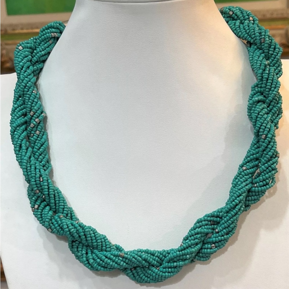 Vintage Rope Twisted Blue Green Turquoise Colour Seed Bead Necklace Silver Tone